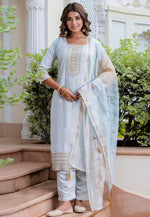 Load image into Gallery viewer, Sky Blue Viscose Readymade Pant Style Suit
