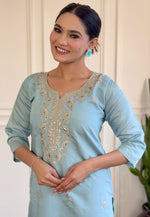 Load image into Gallery viewer, Sky Blue Viscose Readymade Pant Style Suit
