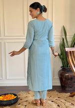 Load image into Gallery viewer, Sky Blue Viscose Readymade Pant Style Suit
