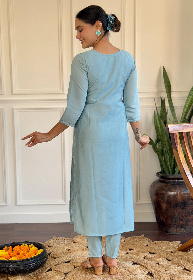 Sky Blue Viscose Readymade Pant Style Suit