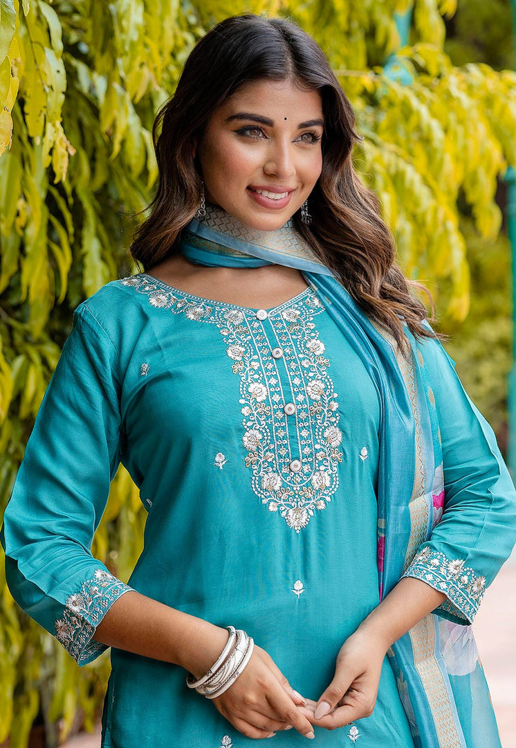 Sky Blue Viscose Readymade Pant Style Suit