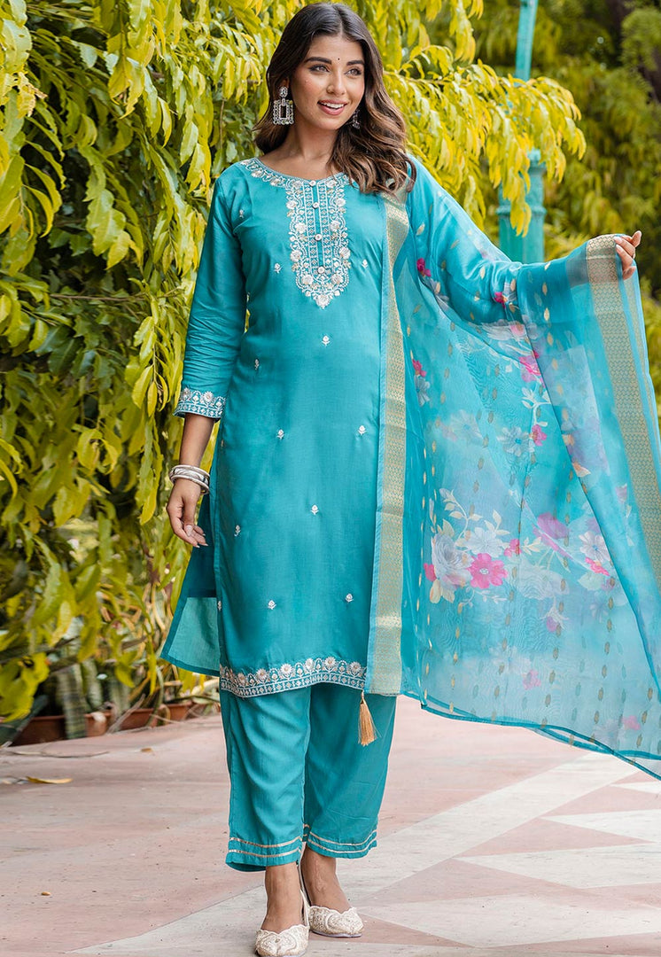 Sky Blue Viscose Readymade Pant Style Suit