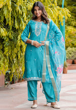 Load image into Gallery viewer, Sky Blue Viscose Readymade Pant Style Suit
