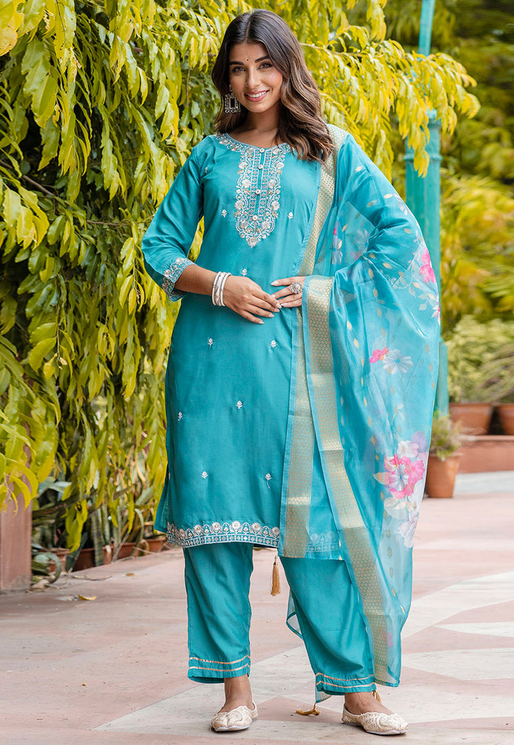 Sky Blue Viscose Readymade Pant Style Suit