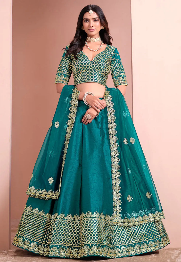 Teal Art Silk A Line Lehenga Choli