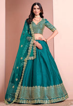 Load image into Gallery viewer, Teal Art Silk A Line Lehenga Choli
