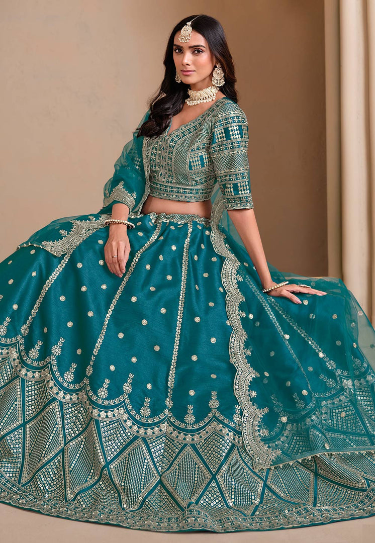 Teal Art Silk Circular Lehenga Choli