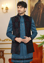 Load image into Gallery viewer, Teal Art Silk Jacket Style Sherwani

