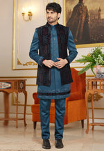 Load image into Gallery viewer, Teal Art Silk Jacket Style Sherwani
