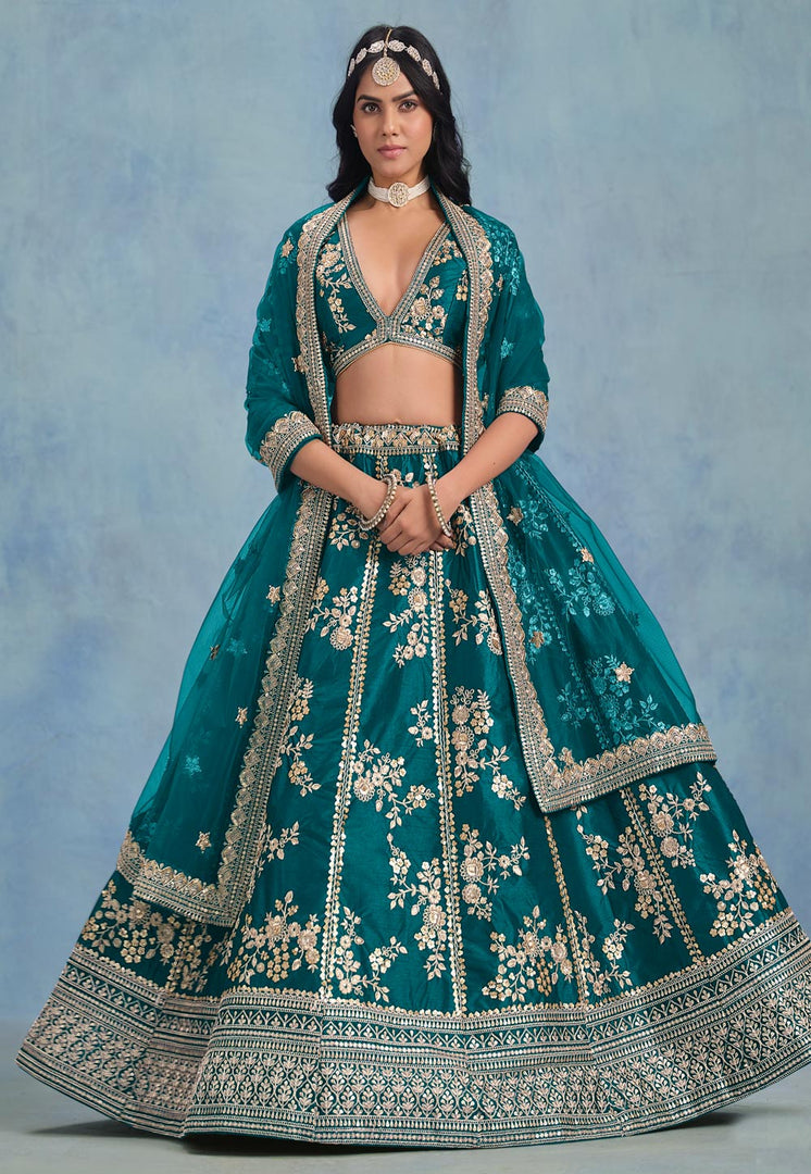 Teal Art Silk Lehenga Choli