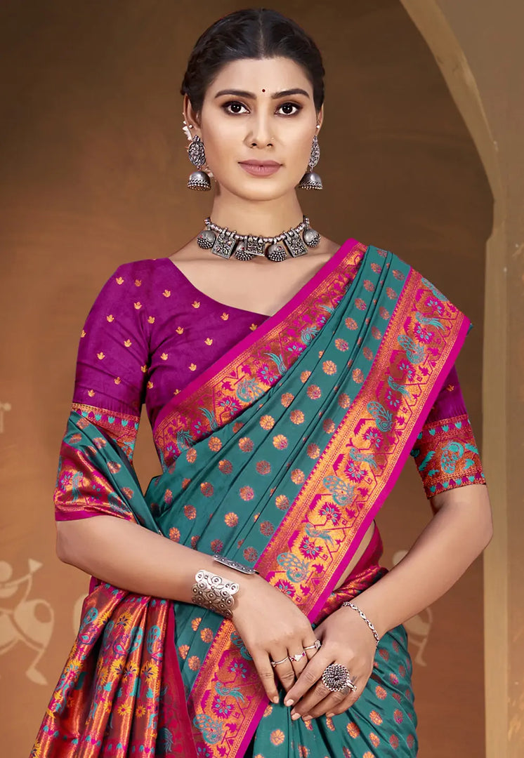 Teal Art Silk Saree With Blouse
