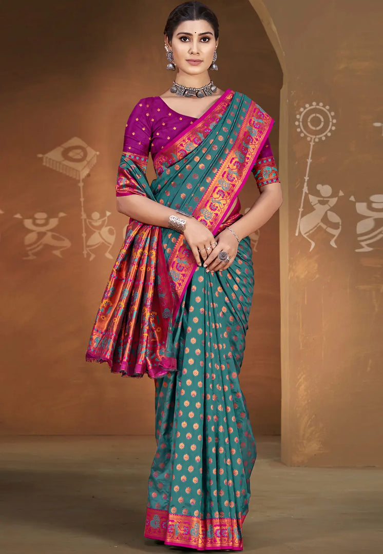 Teal Art Silk Saree With Blouse