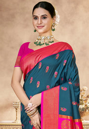 Teal Art Silk Saree With Blouse