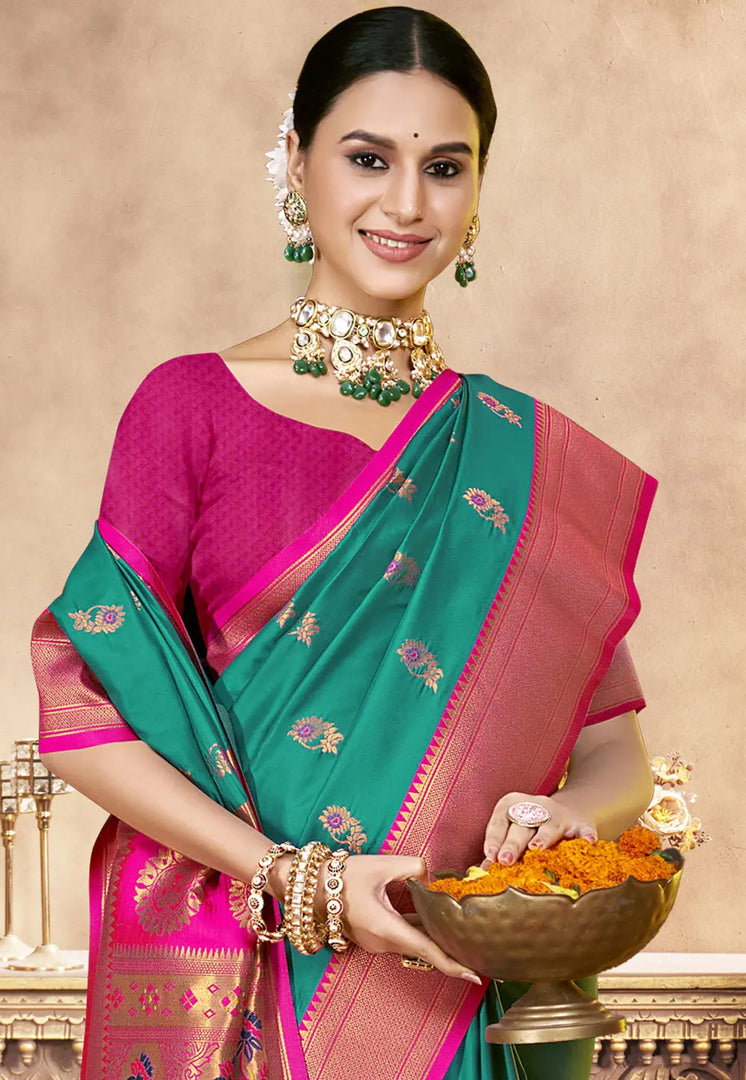 Teal Art Silk Saree With Blouse