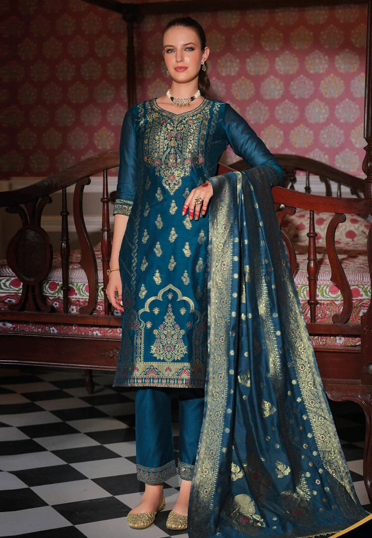 Teal Banarasi Jacquard Readymade Pakistani Suit