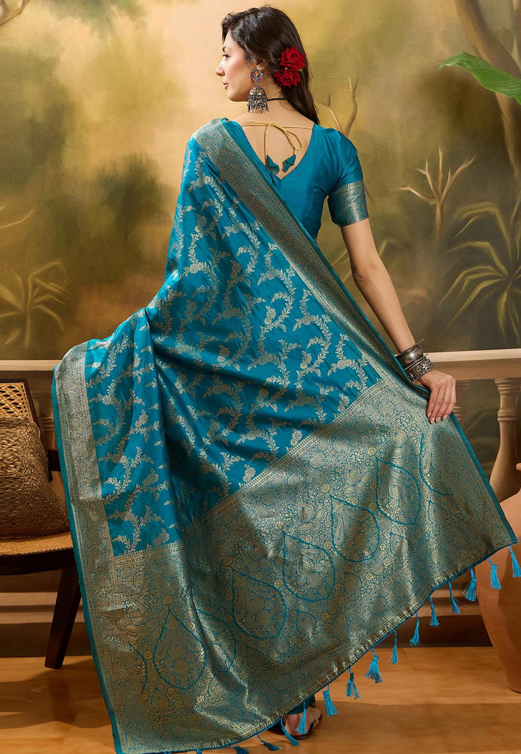 Teal Banarasi Jacquard Saree
