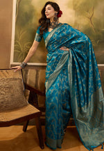 Load image into Gallery viewer, Teal Banarasi Jacquard Saree