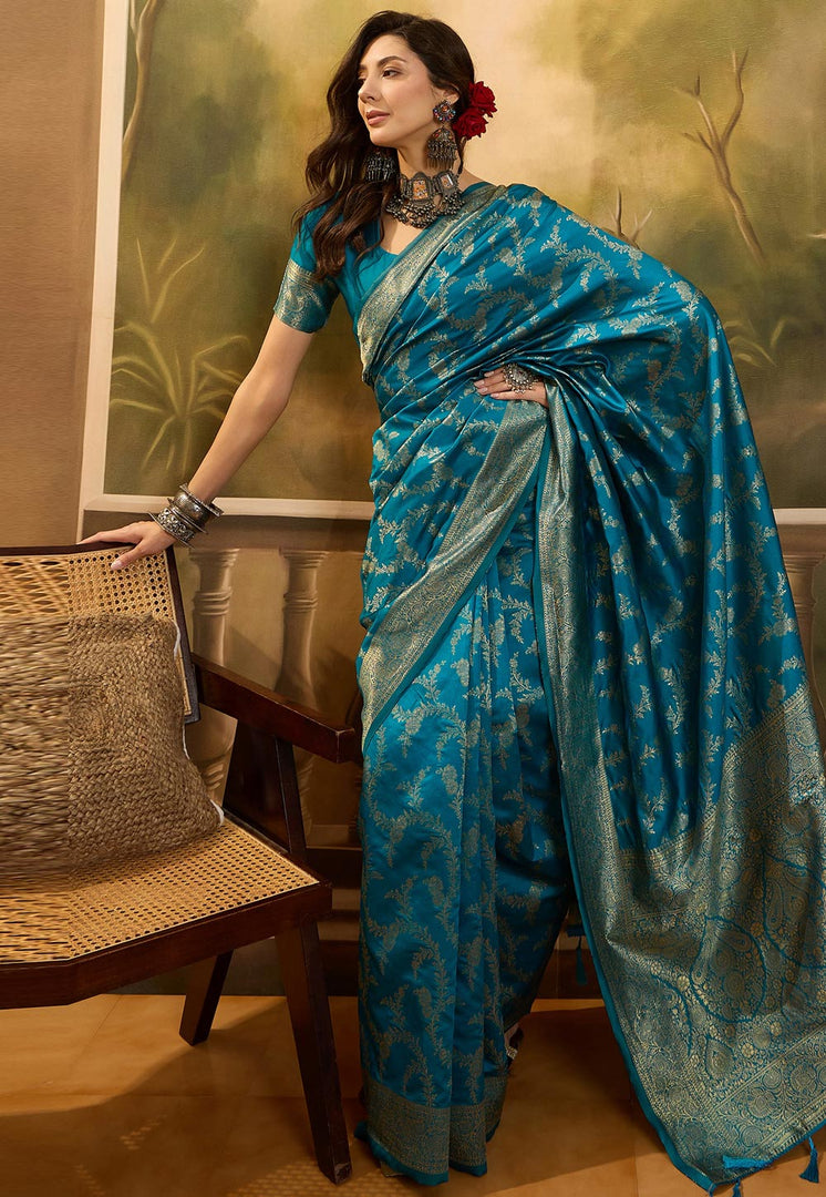 Teal Banarasi Jacquard Saree