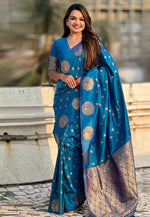 Load image into Gallery viewer, Teal Banarasi Silk Saree