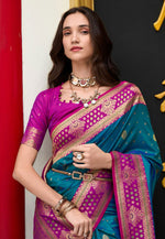 Load image into Gallery viewer, Teal Banarasi Silk Saree
