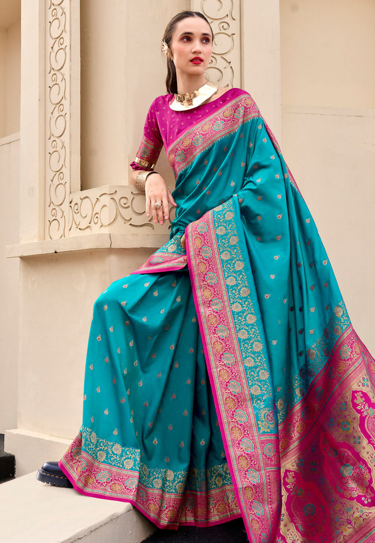 Teal Banarasi Silk Saree