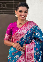 Load image into Gallery viewer, Teal Banarasi Silk Saree
