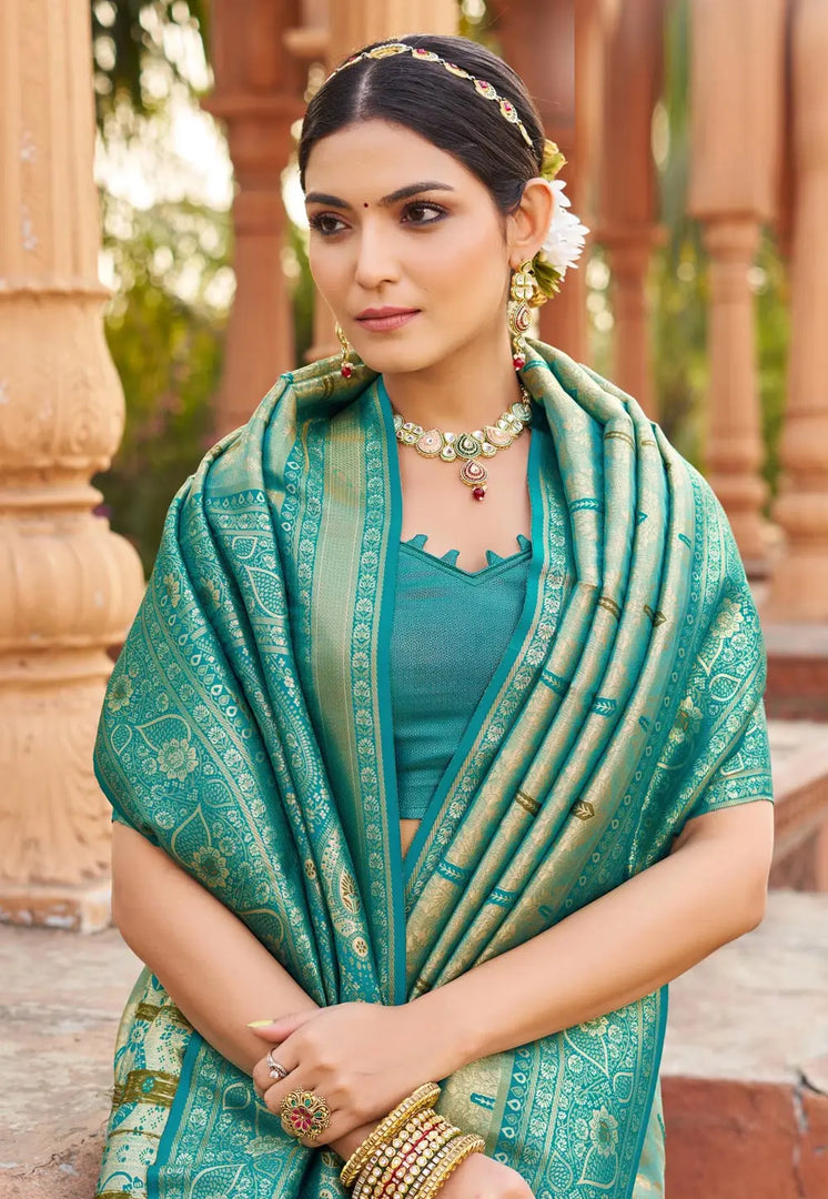 Teal Banarasi Silk Saree With Blouse