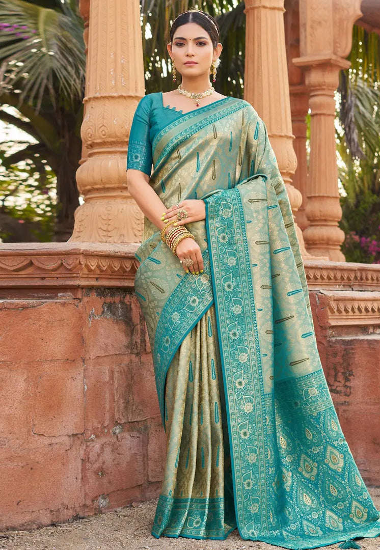 Teal Banarasi Silk Saree With Blouse