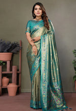 Load image into Gallery viewer, Teal Banarasi Silk Saree With Blouse
