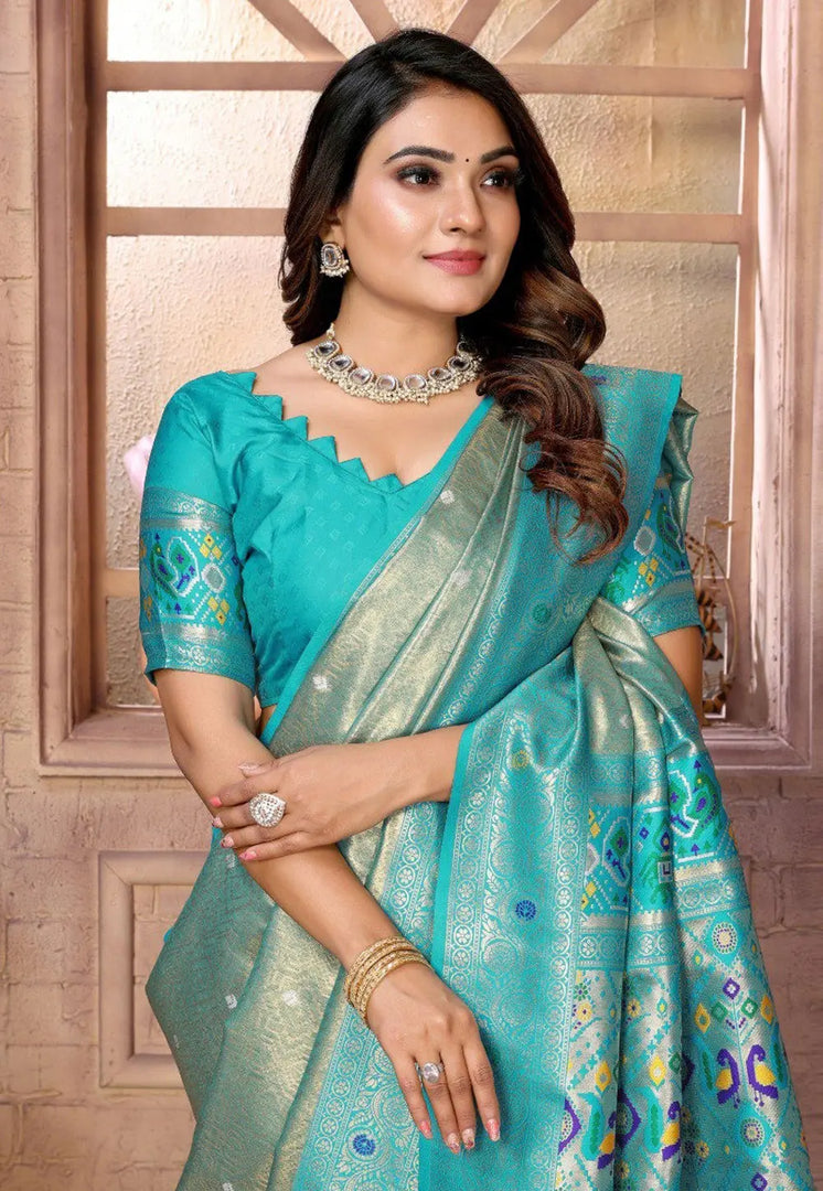 Teal Banarasi Silk Saree With Blouse