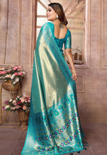 Load image into Gallery viewer, Teal Banarasi Silk Saree With Blouse
