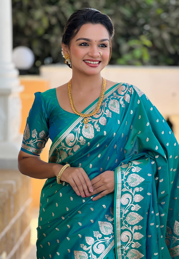 Teal Banarasi Silk Saree With Blouse