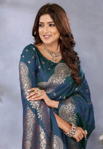 Load image into Gallery viewer, Teal Banarasi Silk Saree With Blouse
