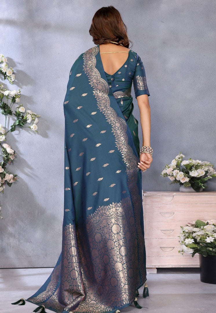 Teal Banarasi Silk Saree With Blouse
