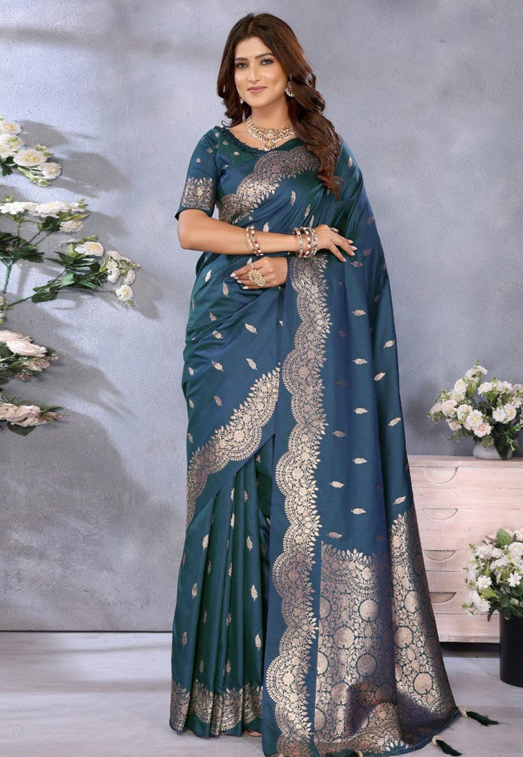 Teal Banarasi Silk Saree With Blouse