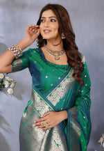 Load image into Gallery viewer, Teal Banarasi Silk Saree With Blouse
