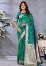 Load image into Gallery viewer, Teal Banarasi Silk Saree With Blouse
