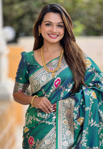 Load image into Gallery viewer, Teal Banarasi Silk Saree With Blouse
