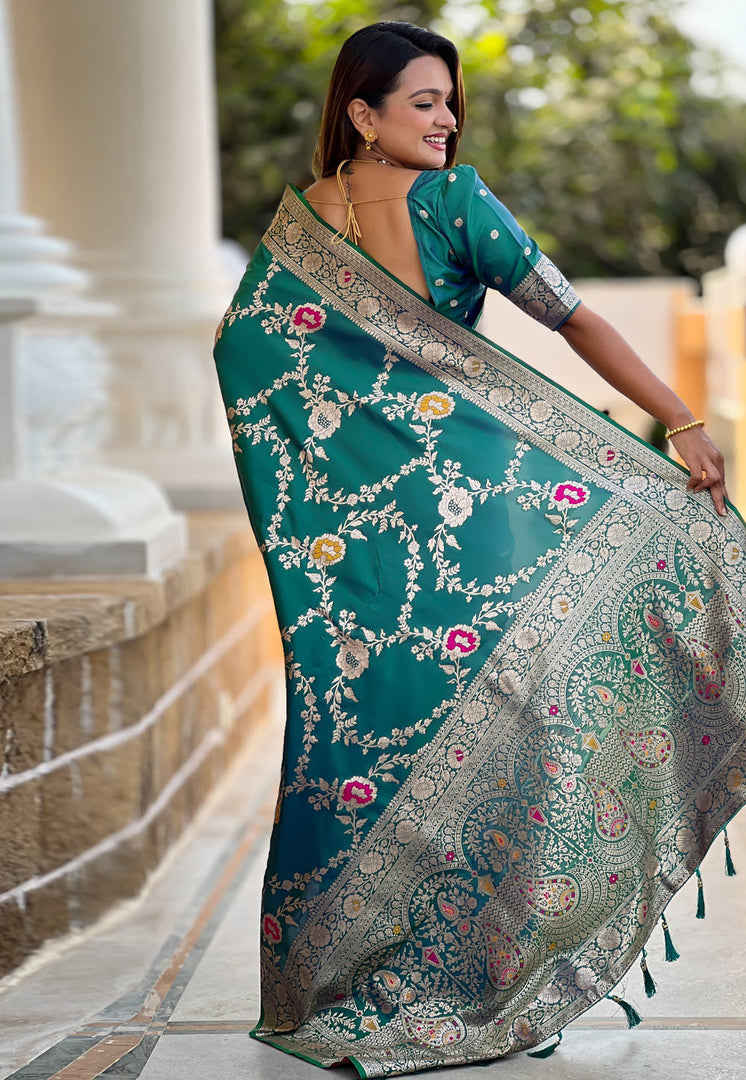 Teal Banarasi Silk Saree With Blouse