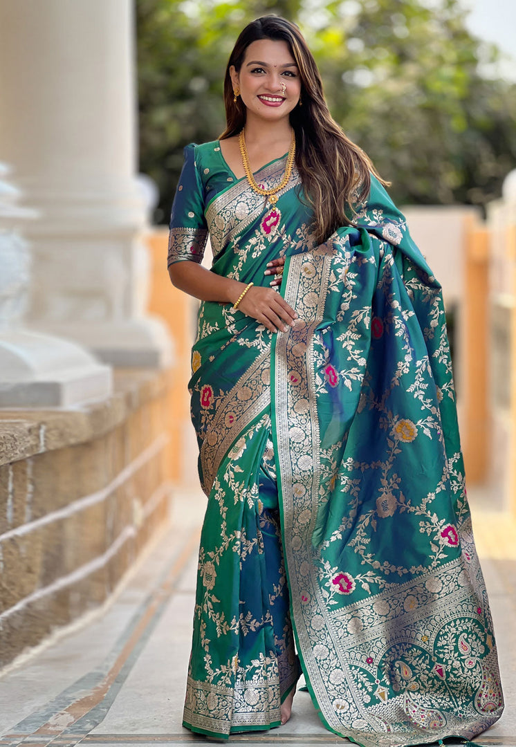 Teal Banarasi Silk Saree With Blouse