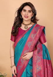 Teal Banarasi Silk Saree With Blouse