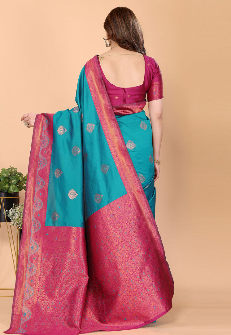 Teal Banarasi Silk Saree With Blouse