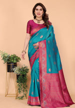 Load image into Gallery viewer, Teal Banarasi Silk Saree With Blouse
