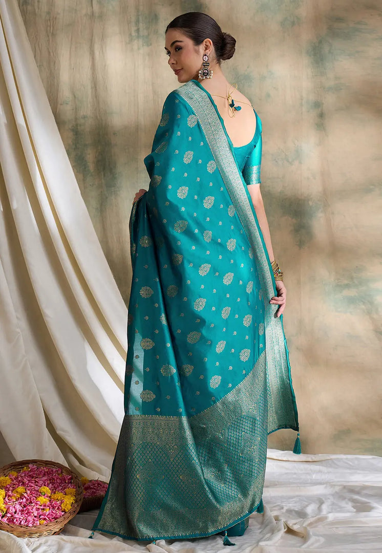 Teal Banarasi Silk Saree With Blouse