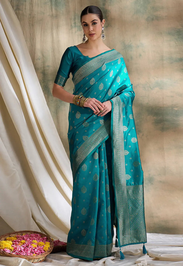 Teal Banarasi Silk Saree With Blouse