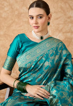 Load image into Gallery viewer, Teal Banarasi Silk Saree With Blouse