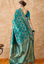 Load image into Gallery viewer, Teal Banarasi Silk Saree With Blouse