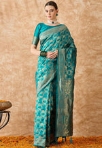 Load image into Gallery viewer, Teal Banarasi Silk Saree With Blouse