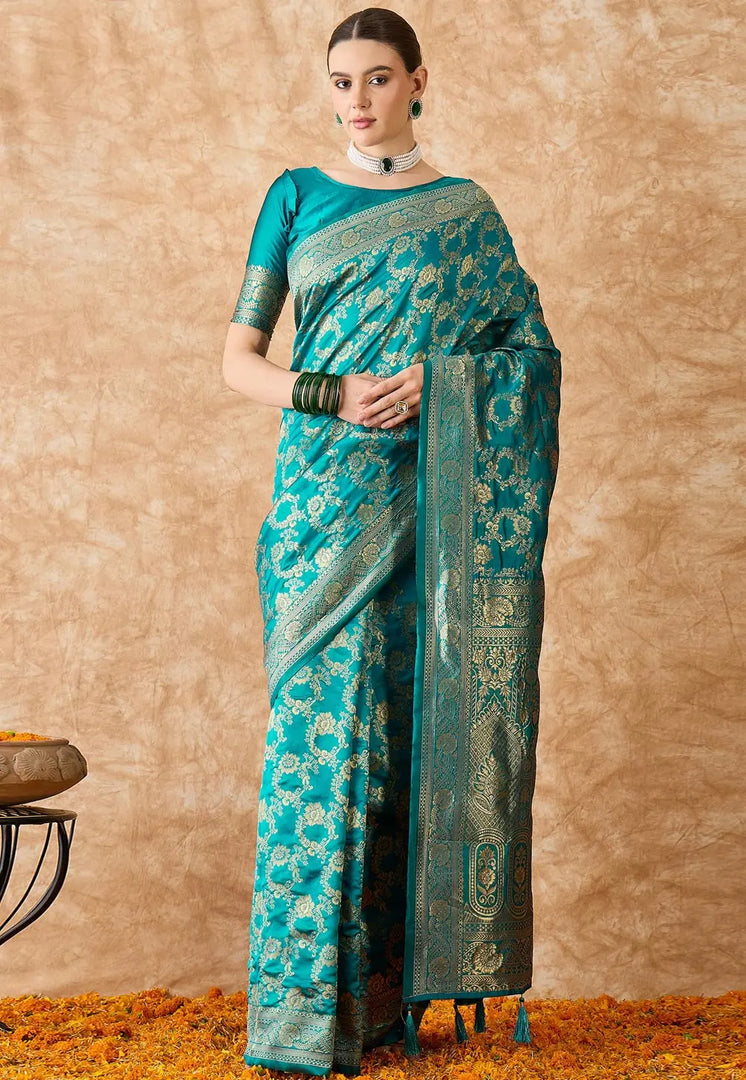Teal Banarasi Silk Saree With Blouse