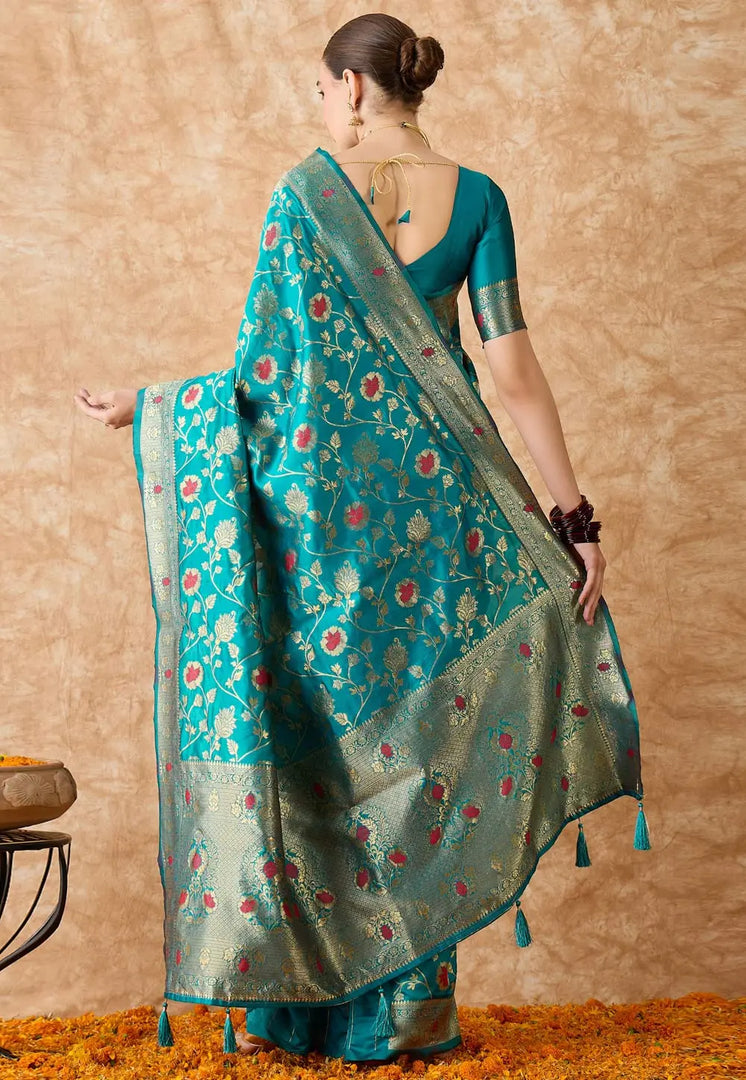 Teal Banarasi Silk Saree With Blouse
